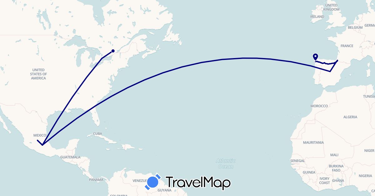 TravelMap itinerary: driving in Canada, Spain, France, Mexico (Europe, North America)